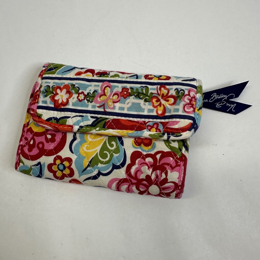 Vera Bradley Pink Blue Green Quilted Trifold Wallet Floral Snap Closure